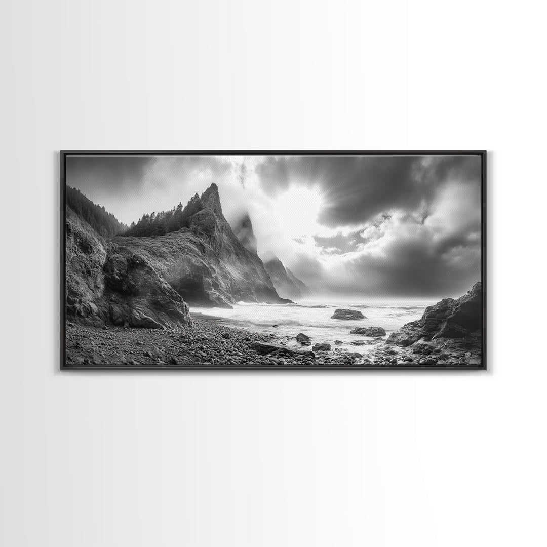 Coastal Cliffside, Stormy Sea, Dramatic Sky, Ocean Mood, Framed Canvas Print, Monochrome Art, Living Room Beach House Decor