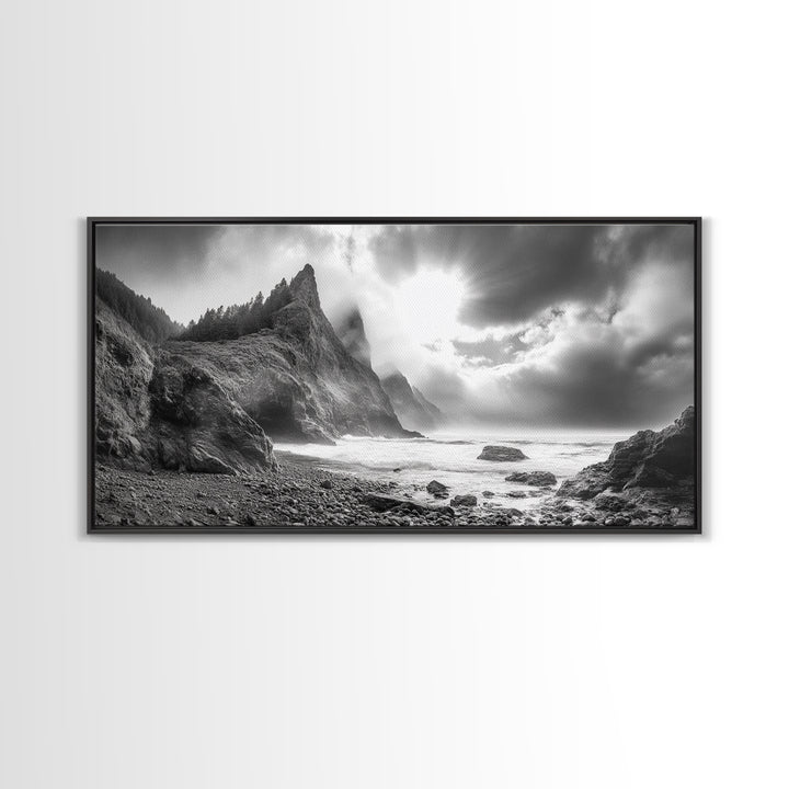 Coastal Cliffside, Stormy Sea, Dramatic Sky, Ocean Mood, Framed Canvas Print, Monochrome Art, Living Room Beach House Decor