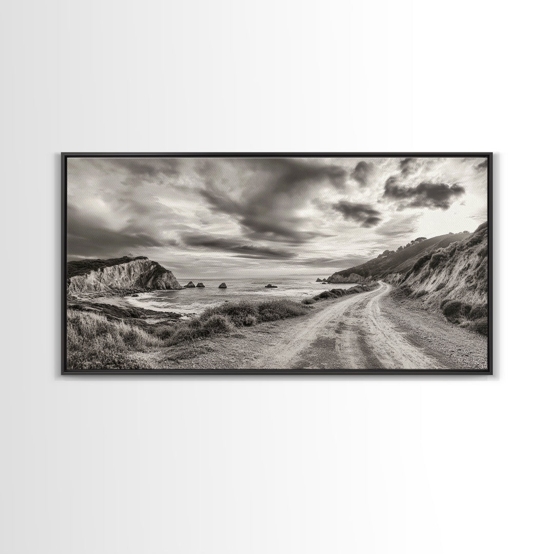 Coastal Road, Scenic Journey, Ocean Path, Cloudy Sky, Framed Canvas Print, Rustic Wall Art, Entryway Wanderlust Landscape, Coastal House
