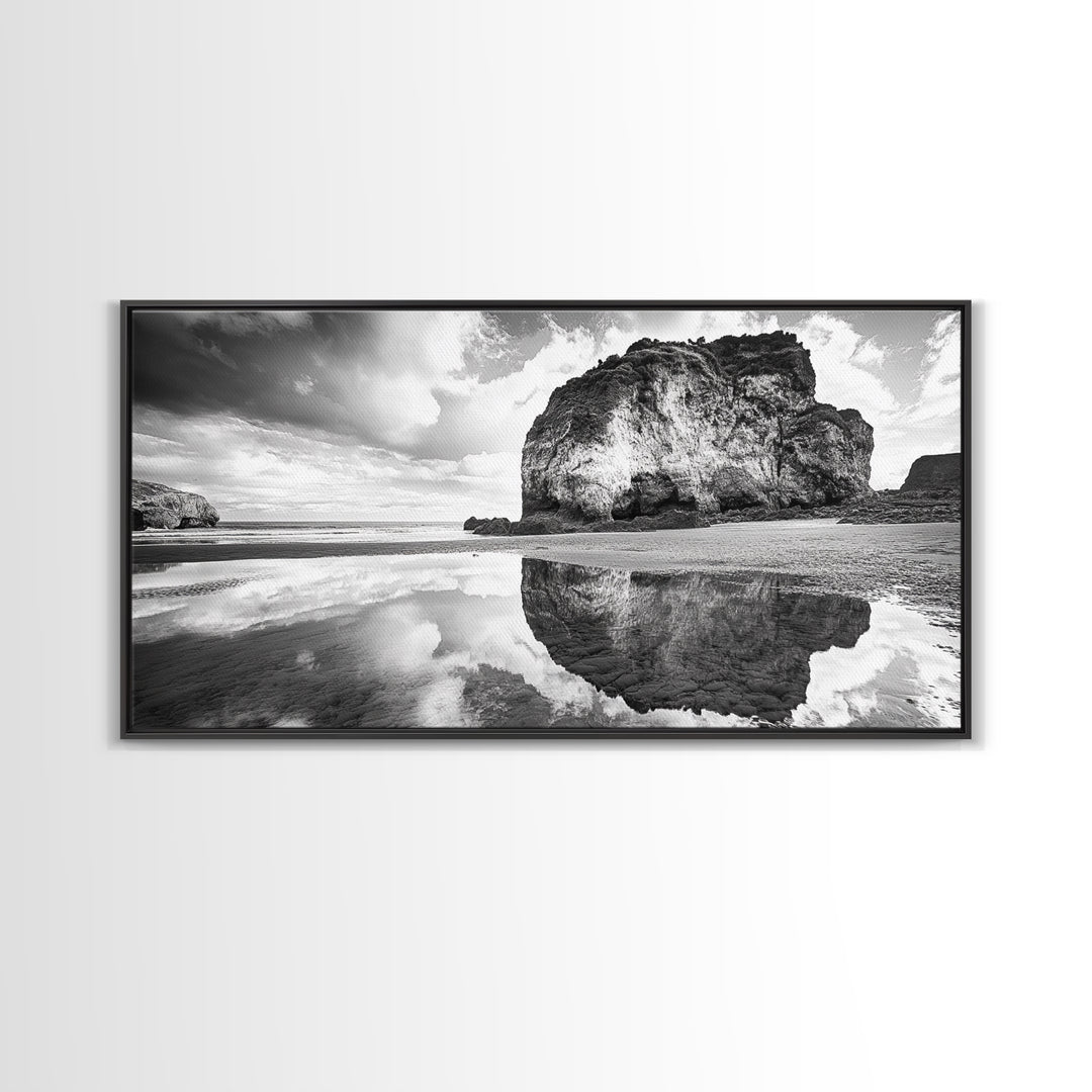 Beach Reflection, Seaside Rock, Cloudy Horizon, Coastal View, Framed Canvas Print, Minimalist Wall Art, Bathroom Ocean Decor