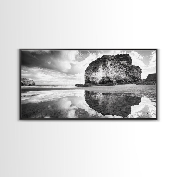 Beach Reflection, Seaside Rock, Cloudy Horizon, Coastal View, Framed Canvas Print, Minimalist Wall Art, Bathroom Ocean Decor