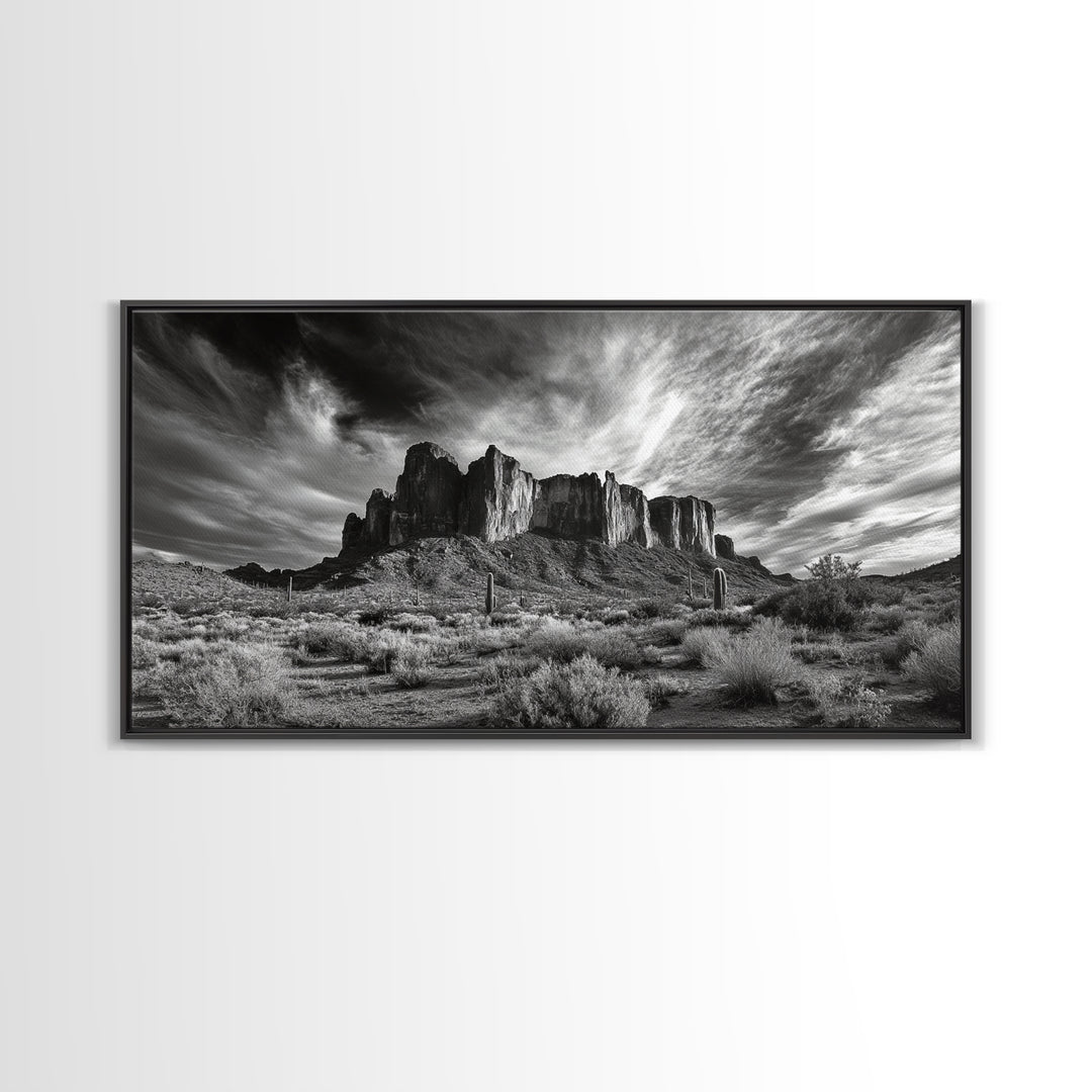 Desert Mesa, Dramatic Sky, Western Landscape, Cactus Field, Framed Canvas Print, Rustic Wall Art, Living Room Southwest Decor