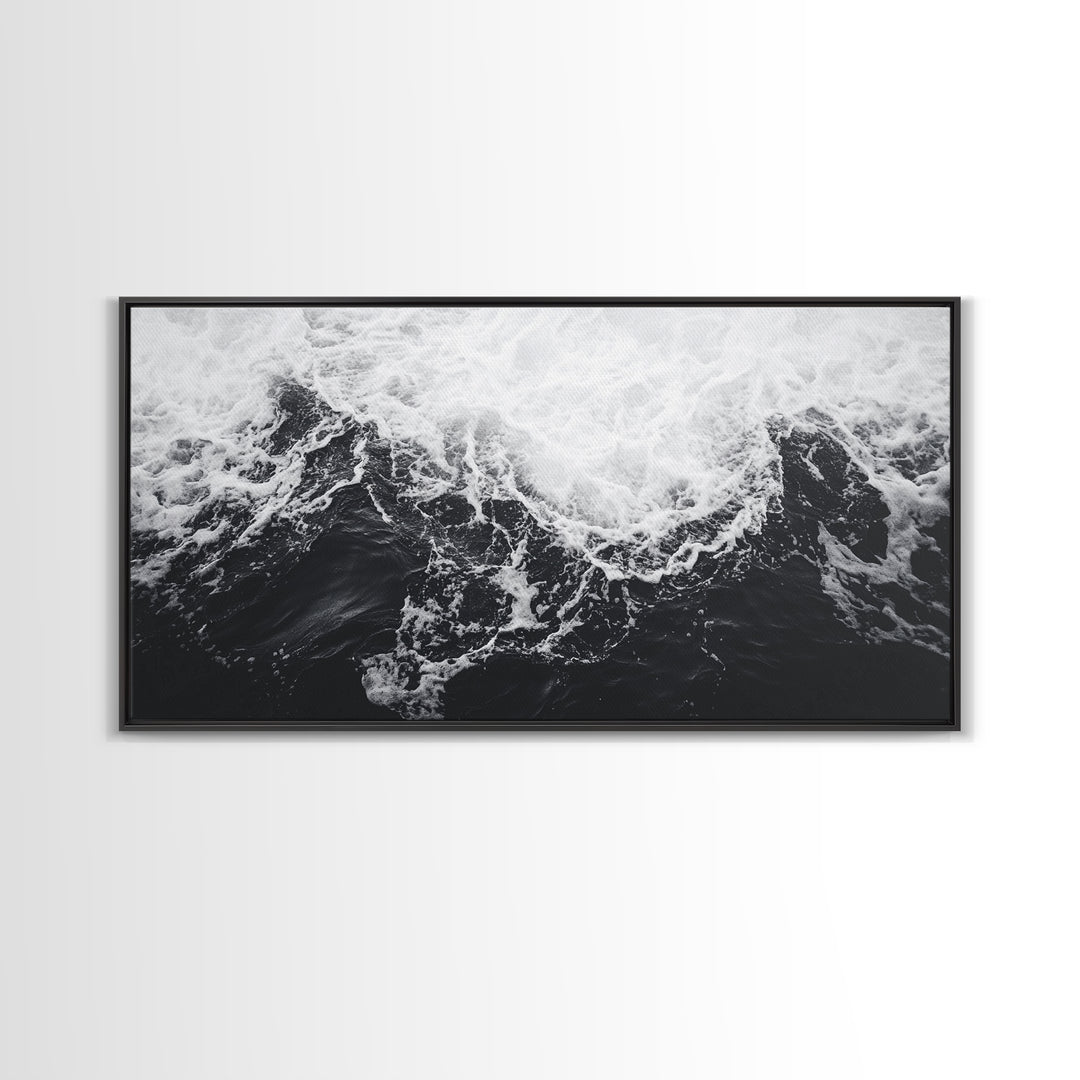 Ocean Texture, Crashing Waves, Abstract Sea, Monochrome Motion, Framed Canvas Print, Coastal Wall Art, Bathroom Minimalist Decor