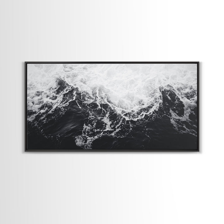 Ocean Texture, Crashing Waves, Abstract Sea, Monochrome Motion, Framed Canvas Print, Coastal Wall Art, Bathroom Minimalist Decor