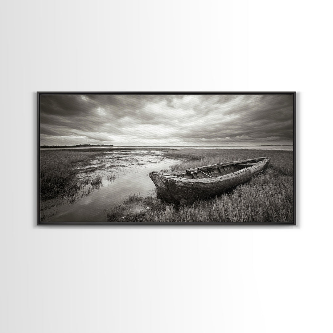 Abandoned Boat, Coastal Marsh Scene, Sepia Seascape, Framed Canvas Print, Living Room Wall Art, Moody Autumn Nautical Decor