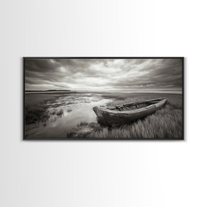 Abandoned Boat, Coastal Marsh Scene, Sepia Seascape, Framed Canvas Print, Living Room Wall Art, Moody Autumn Nautical Decor
