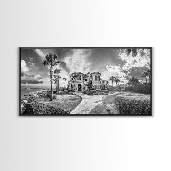 Beach Mansion Wall Art, Tropical Coastal House, Luxury Villa Print, Palm Tree Canvas Print, Living Room Decor, Modern Home Wall Art