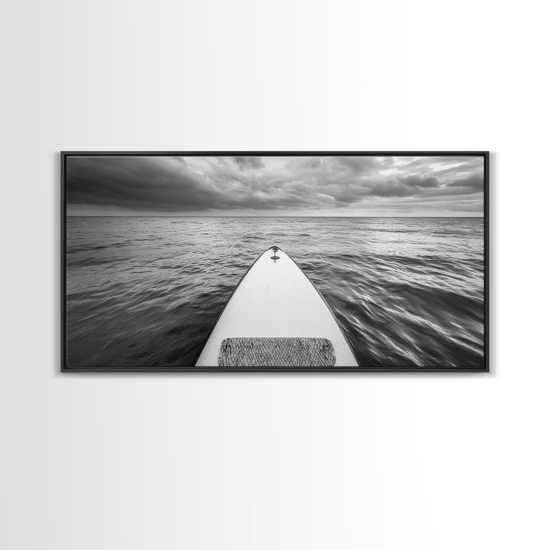 Ocean Horizon Board, Paddleboarding Adventure, Cloudy Sea Landscape, Framed Canvas Print, Modern Coastal Office or Living Room Art
