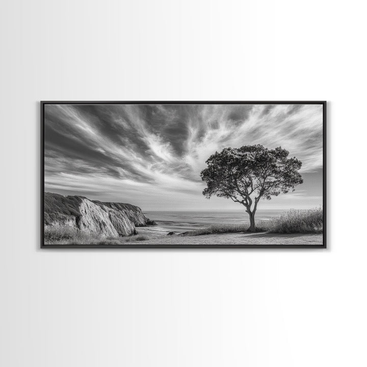 Coastal Tree Cliff, Ocean Breeze Scene, Scenic Nature Vibes, Framed Canvas Print, Boho Bedroom or Serene Living Room Wall Art