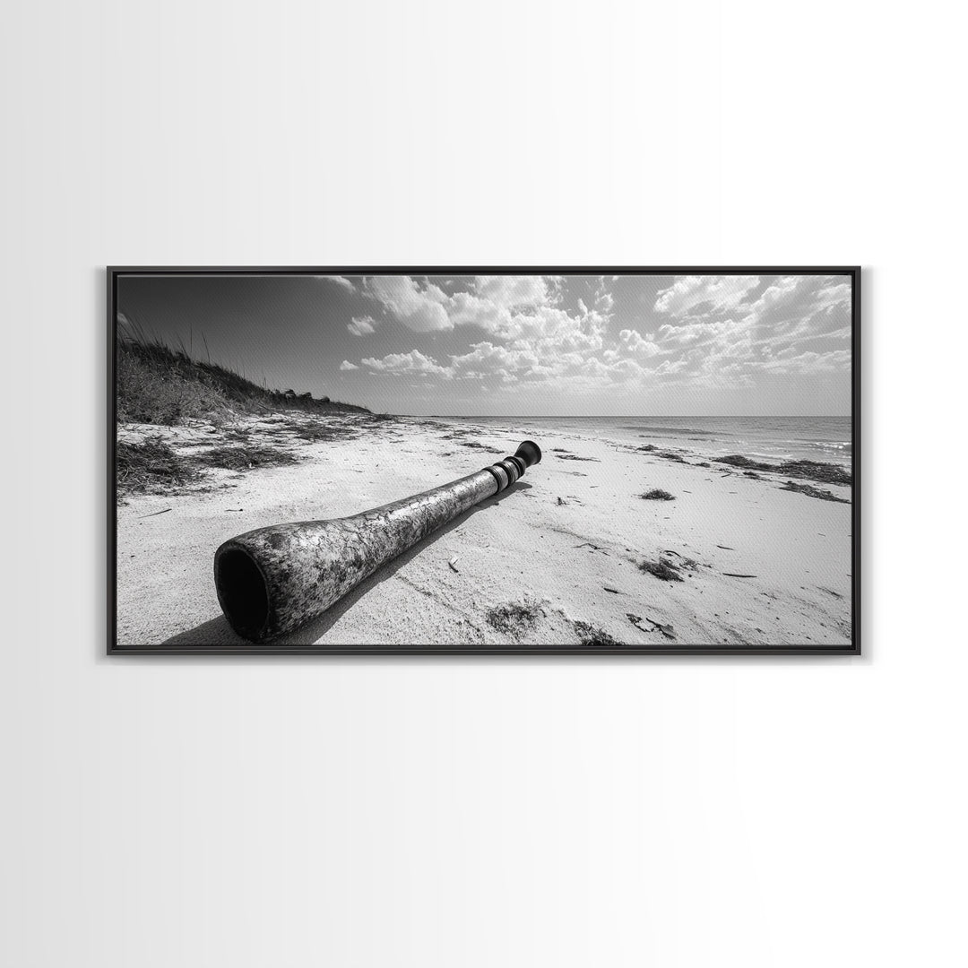 Abandoned Beach Pipe, Surreal Coastal Scene, Washed Ashore Photography, Framed Canvas Print, Moody Living Room or Fall Wall Art
