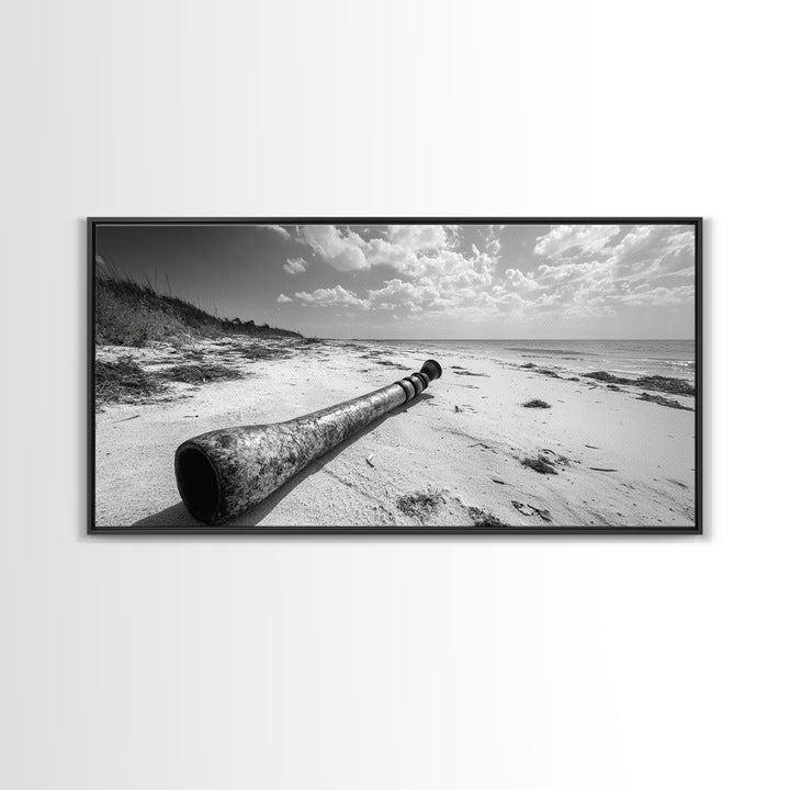 Abandoned Beach Pipe, Surreal Coastal Scene, Washed Ashore Photography, Framed Canvas Print, Moody Living Room or Fall Wall Art