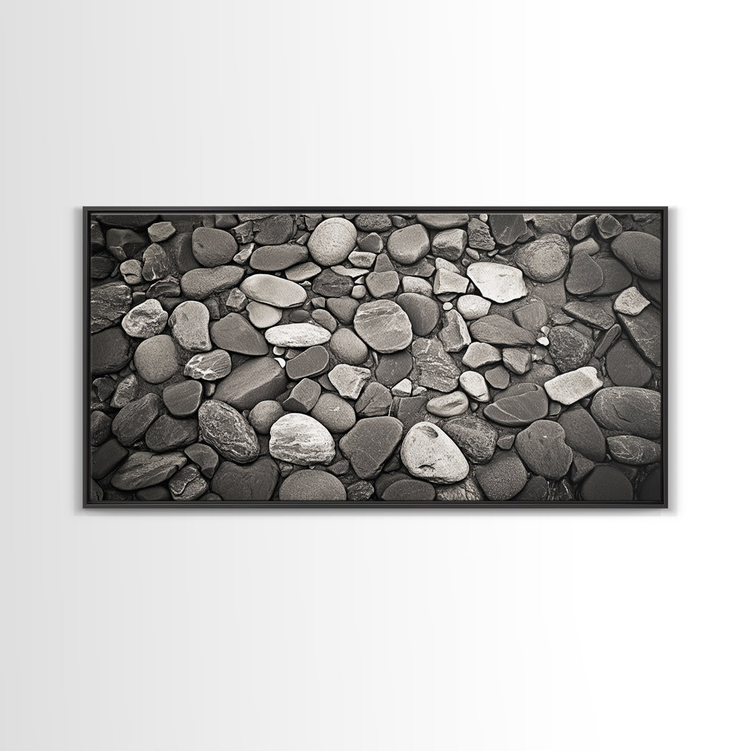 River Stones, Zen Rock Pattern, Natural Earth Tones, Minimal Decor, Framed Canvas Print, Modern Bathroom Spa Wall Art, Living Room Wall Art
