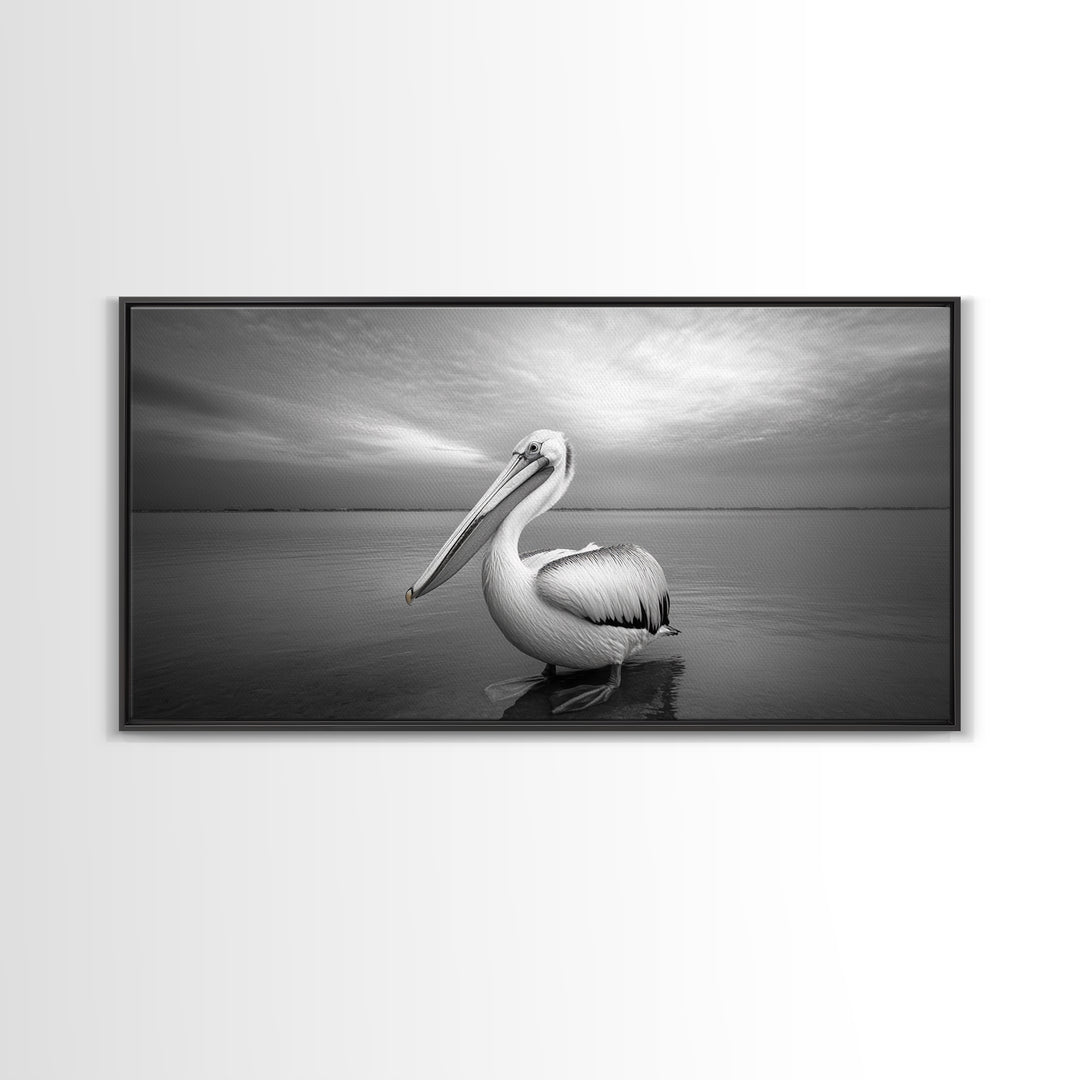 Ocean Pelican, Peaceful Bird Portrait, Coastal Wildlife Art, Framed Canvas Print, Minimalist Entryway or Beach House Wall Art