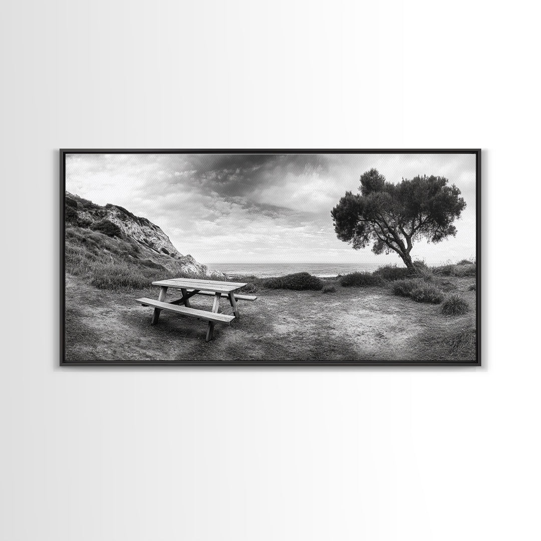 Picnic Table View, Coastal Meadow Scene, Tree and Cliff Horizon, Framed Canvas Print, Relaxing Kitchen or Outdoor Patio Wall Art