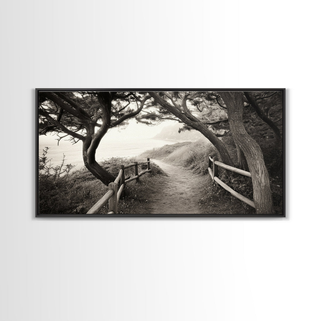 Ocean Cliff Path, Framed Trail Trees, Coastal Escape Scene, Framed Canvas Print, Boho Bedroom or Peaceful Hallway Wall Art, Entryway Accent