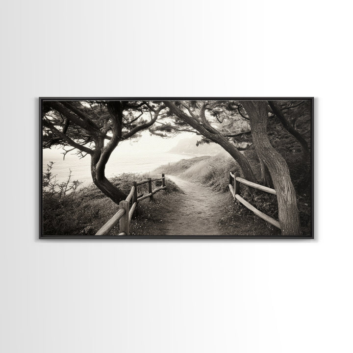 Ocean Cliff Path, Framed Trail Trees, Coastal Escape Scene, Framed Canvas Print, Boho Bedroom or Peaceful Hallway Wall Art, Entryway Accent