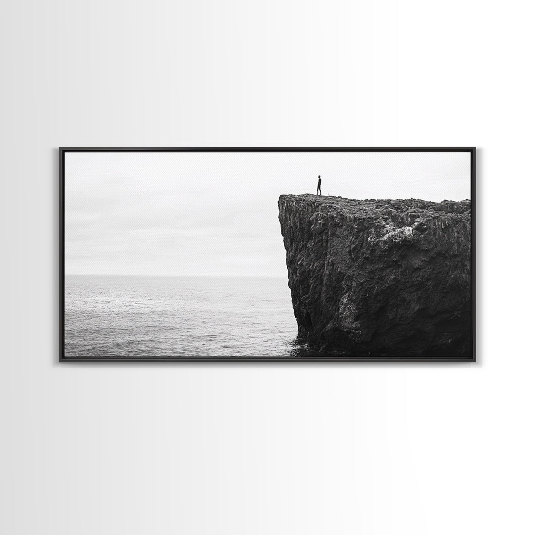 Ocean Cliff, Brave Explorer, Minimal Landscape, Adventure Wall Art, Framed Canvas Print, Modern Home Decor, Inspirational Office Art