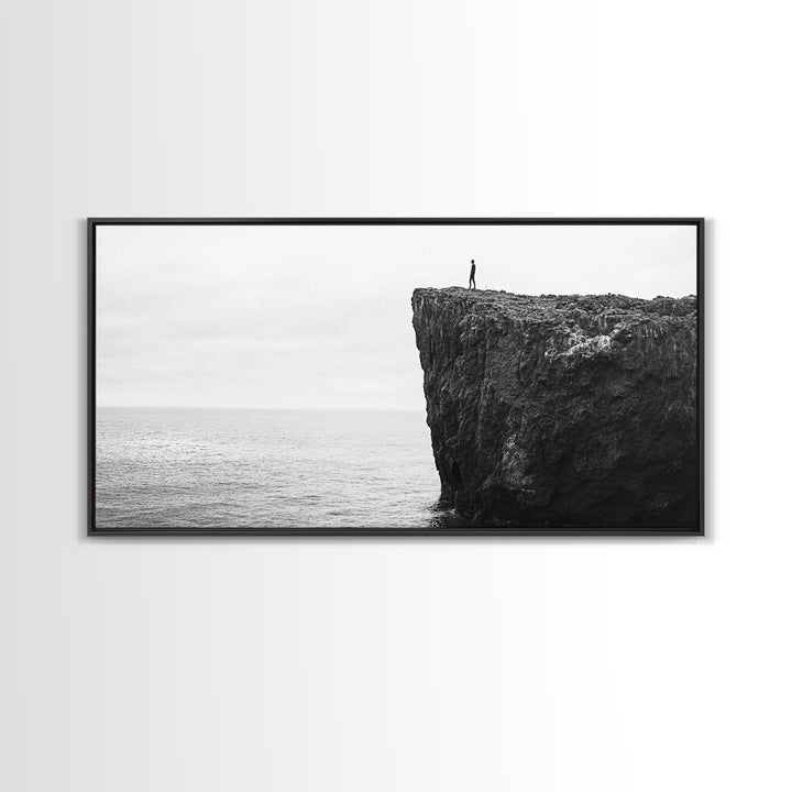 Ocean Cliff, Brave Explorer, Minimal Landscape, Adventure Wall Art, Framed Canvas Print, Modern Home Decor, Inspirational Office Art