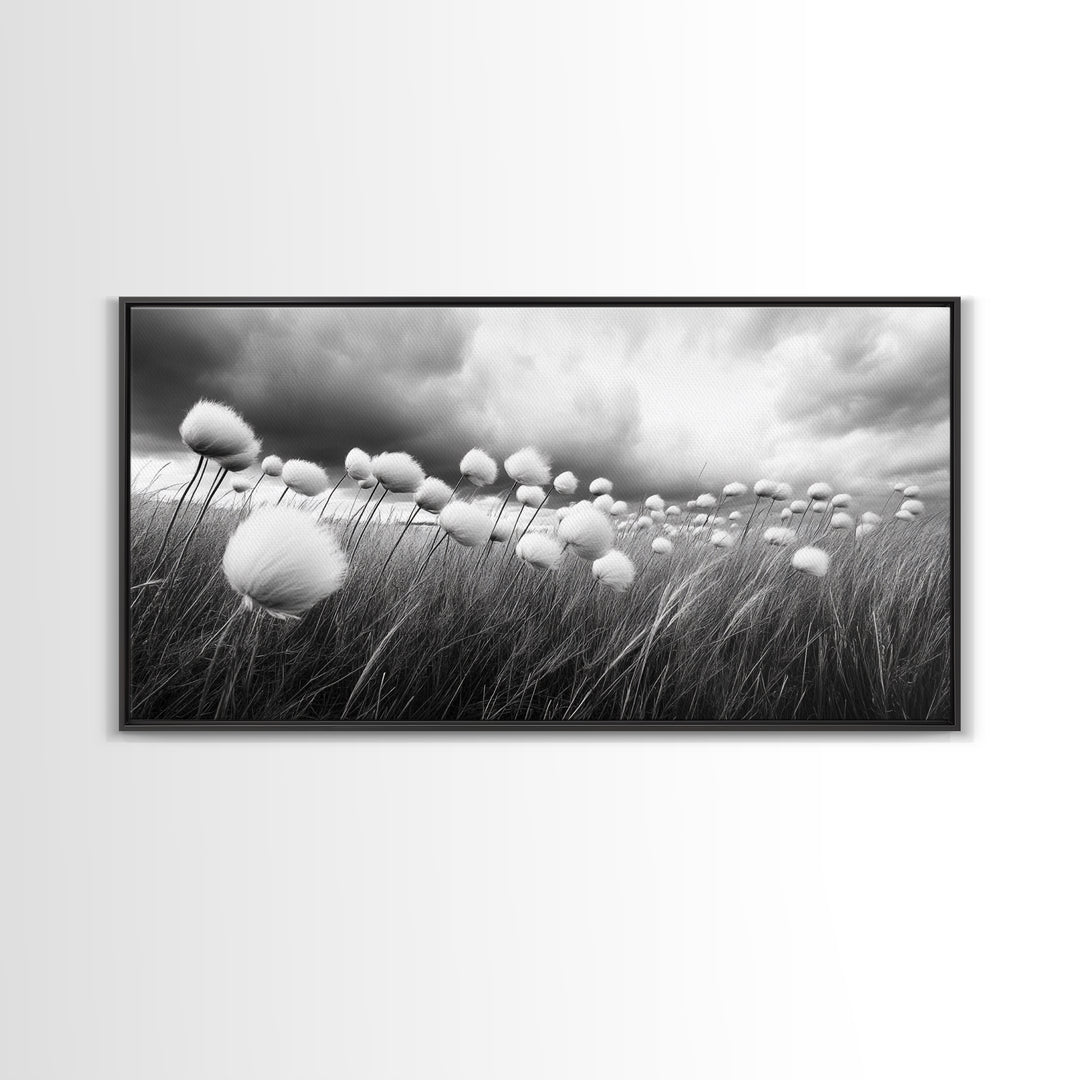 Cotton Grass Field, Stormy Sky Art, Botanical Monochrome, Minimalist Nature Print, Framed Canvas Print, Bedroom Wall Art, Nordic Style