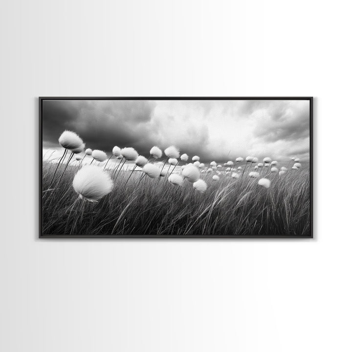 Cotton Grass Field, Stormy Sky Art, Botanical Monochrome, Minimalist Nature Print, Framed Canvas Print, Bedroom Wall Art, Nordic Style