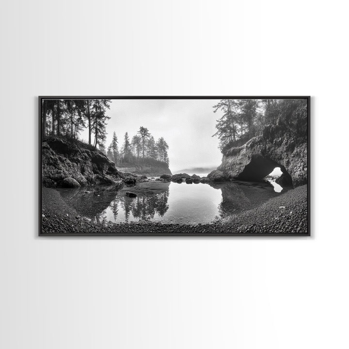 Coastal Cave Reflections, Misty Tidepool Scene, Moody Nature Landscape, Canvas Print, Living Room Wall Art, Black And White Art