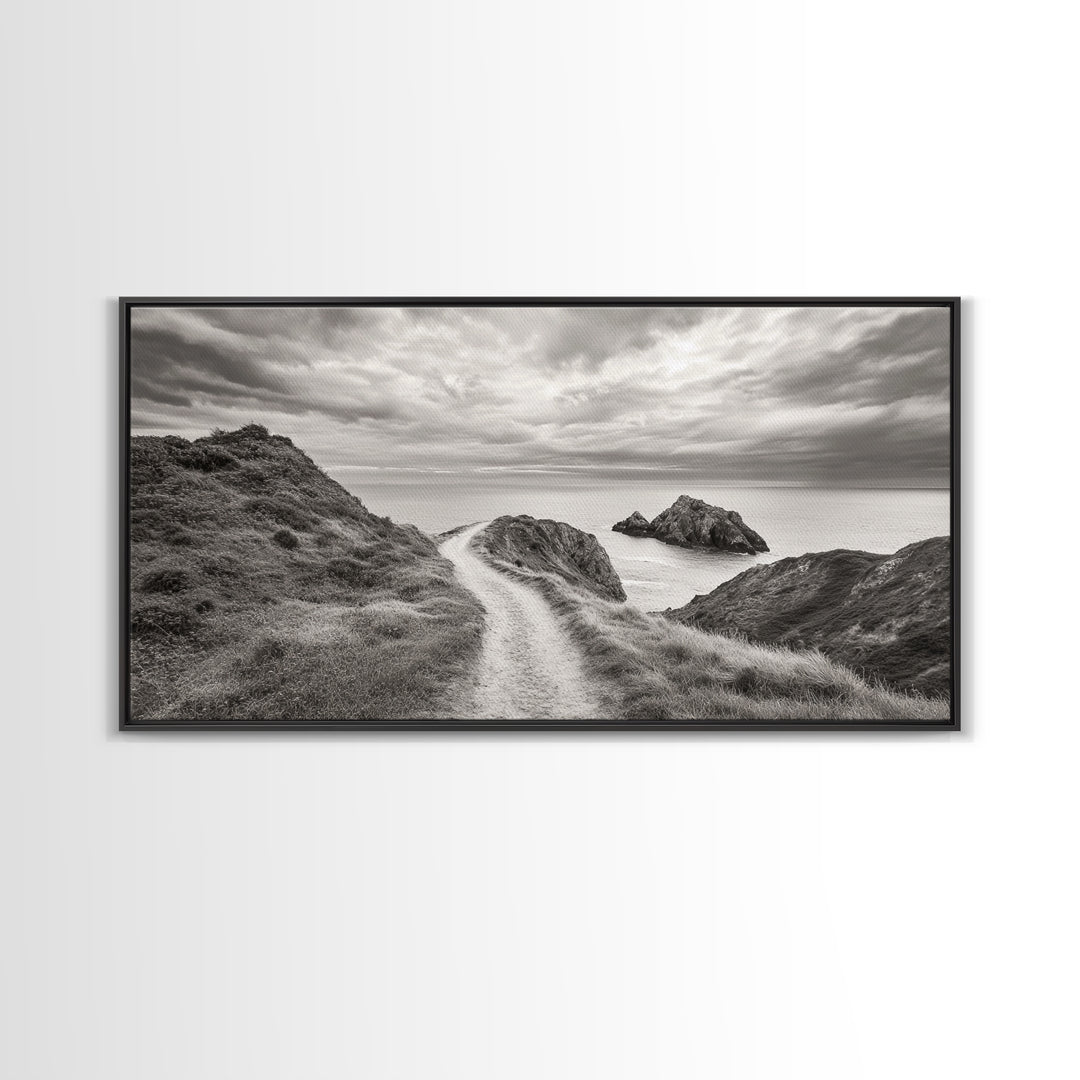 Coastal Cliff Path, Ocean View Trail, Windswept Grass Art, Seaside Wall Decor, Framed Canvas Print, Bedroom Art, Nature Lover Gift