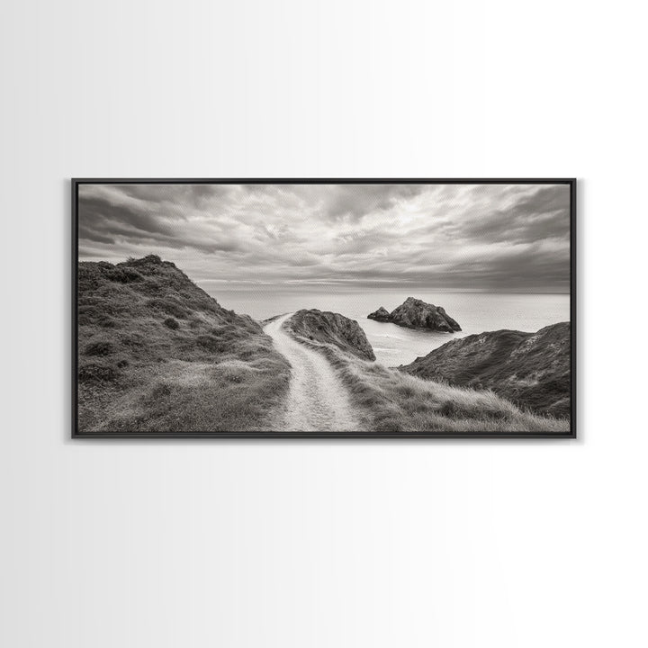 Coastal Cliff Path, Ocean View Trail, Windswept Grass Art, Seaside Wall Decor, Framed Canvas Print, Bedroom Art, Nature Lover Gift