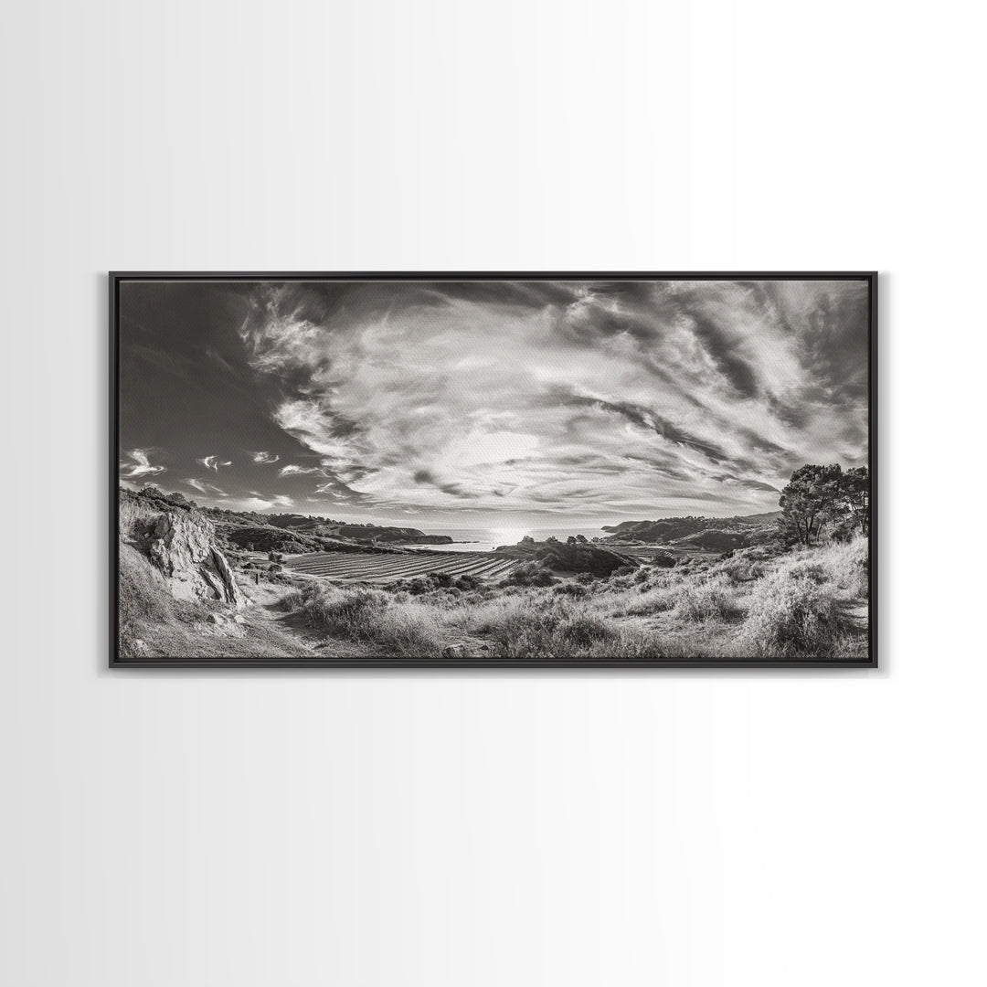 Coastal Hillside Sunset, Vineyard Ocean View, Rolling Landscape Art, Framed Canvas Print, Kitchen Wall Art, California Scenery