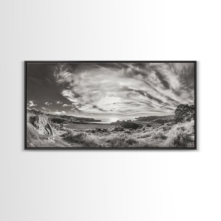 Coastal Hillside Sunset, Vineyard Ocean View, Rolling Landscape Art, Framed Canvas Print, Kitchen Wall Art, California Scenery