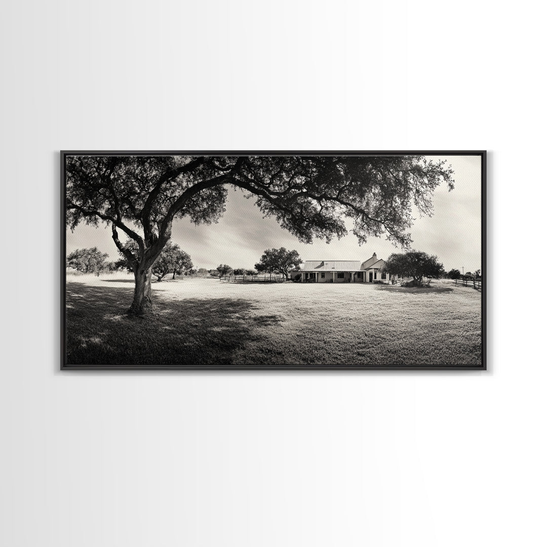 Country Farmhouse Shade, Texas Ranch Home, Oak Tree Horizon, Framed Canvas Print, Rustic Decor, Entryway or Dining Room Art