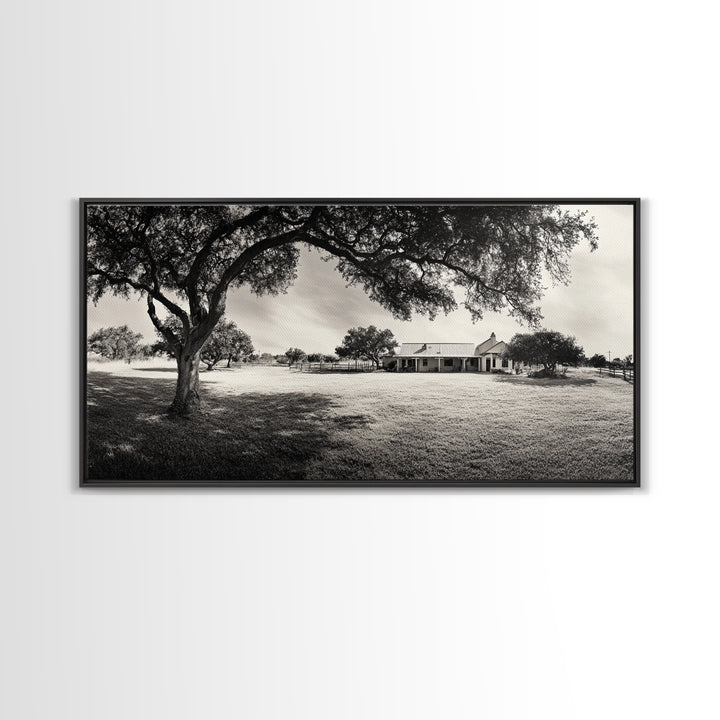 Country Farmhouse Shade, Texas Ranch Home, Oak Tree Horizon, Framed Canvas Print, Rustic Decor, Entryway or Dining Room Art