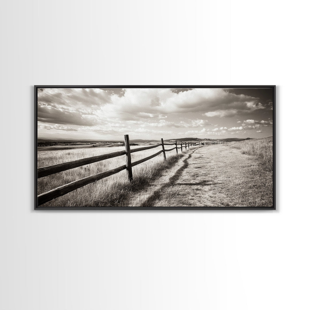 Countryside Fence Trail, Rolling Hills Walk, Prairie Path View, Framed Canvas Print, Western Art, Fall Wall Decor, Office Wall Art