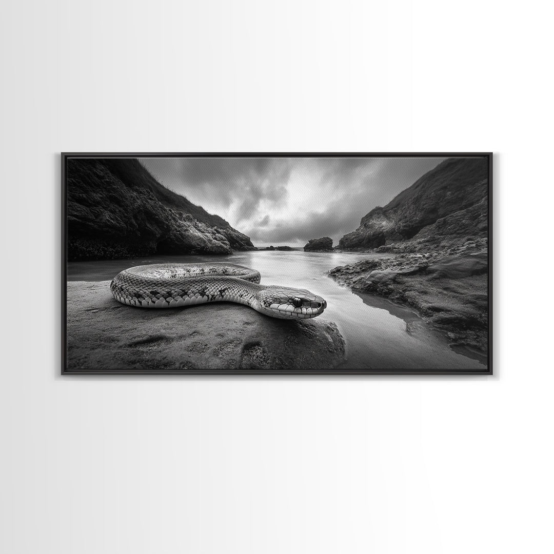 Ocean Snake Landscape, Coastal Creature Scene, Black and White Reptile, Framed Canvas Print, Moody Art, Bedroom or Den Decor