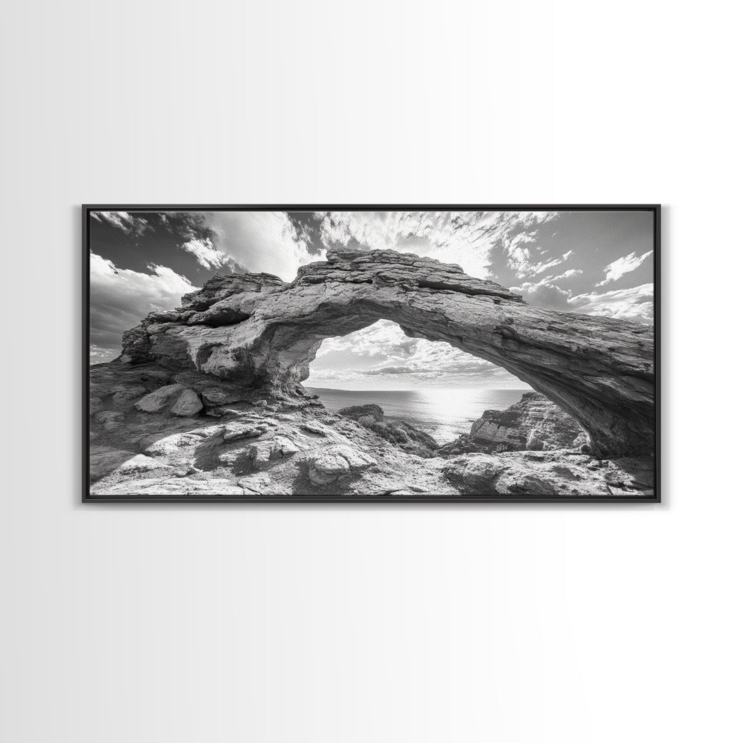 Natural Rock Arch, Seaside Cliff View, Desert Coastal Window, Framed Canvas Print, Boho Earth Tones, Living Room Wall Decor