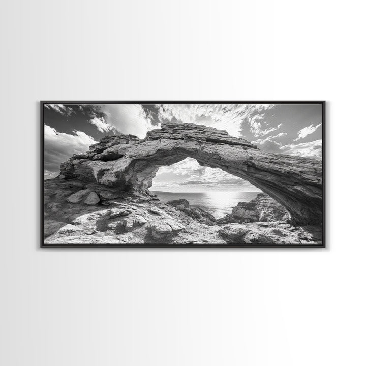 Natural Rock Arch, Seaside Cliff View, Desert Coastal Window, Framed Canvas Print, Boho Earth Tones, Living Room Wall Decor