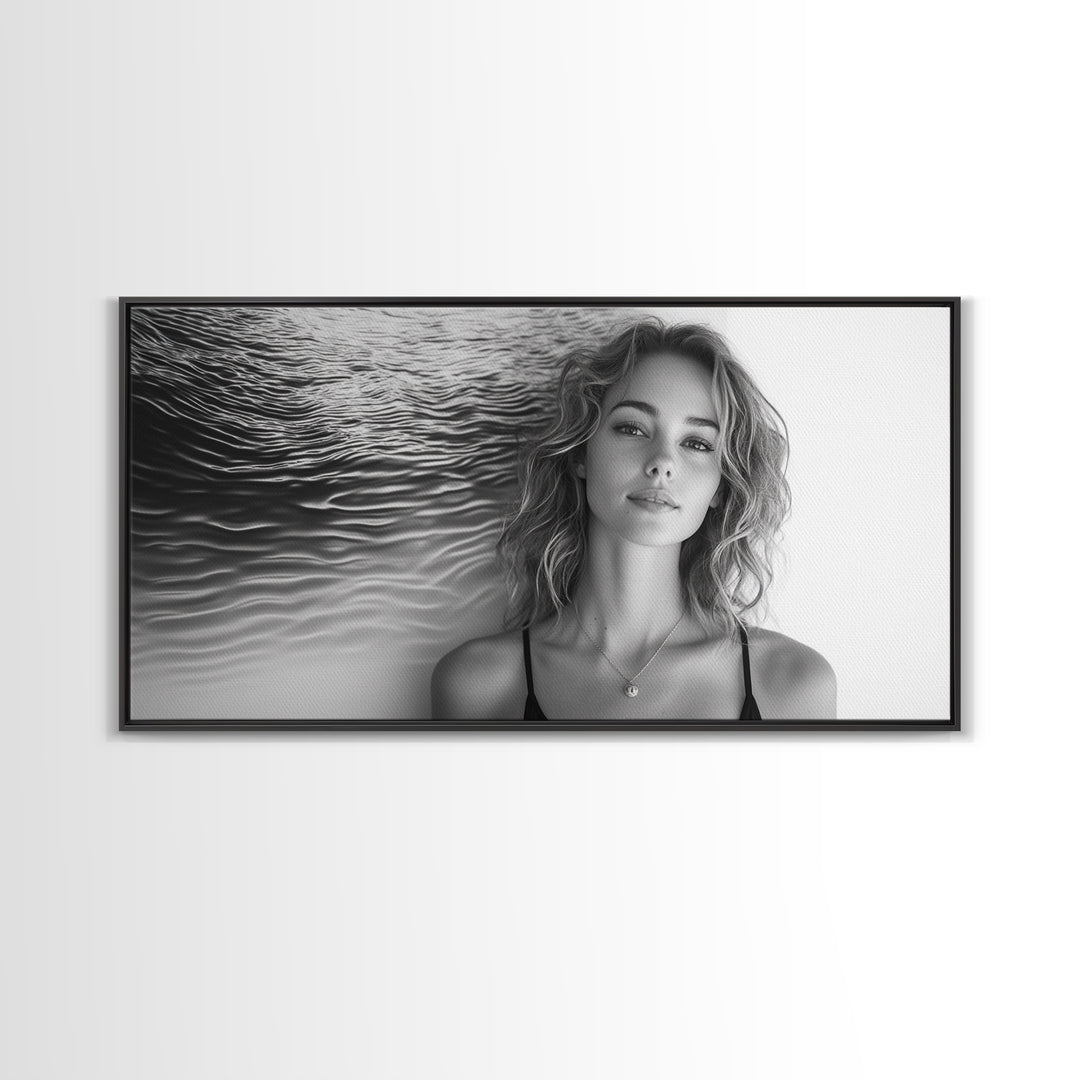 Ocean Texture, Abstract Waves, Modern Female, Artistic Portrait, Canvas Print, fashion wall art, glam room decor, minimal black white