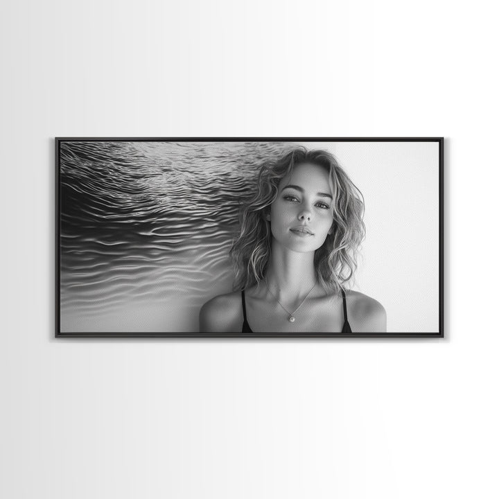 Ocean Texture, Abstract Waves, Modern Female, Artistic Portrait, Canvas Print, fashion wall art, glam room decor, minimal black white