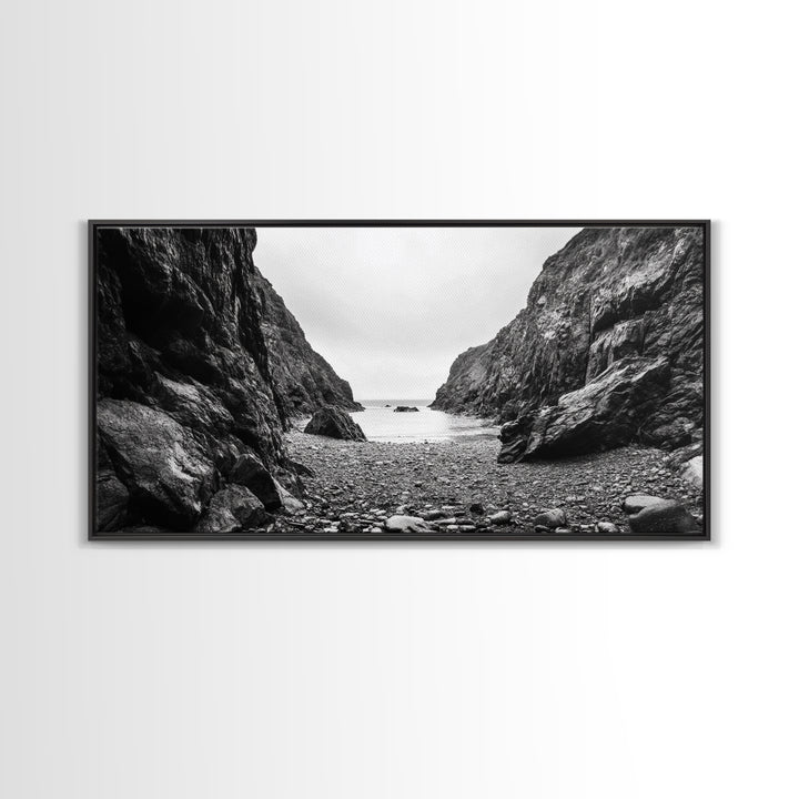 Rocky Cove, Ocean Gap, Cliffside Path, Secluded Coast, Framed Canvas Print, adventure wall art, man cave, grayscale wilderness print