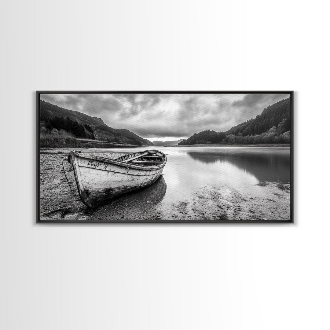 Abandoned Boat, Mountain Lake, Moody Shore, Nature Reflections, Framed Canvas Print, cabin wall art, explorer decor, grayscale nature