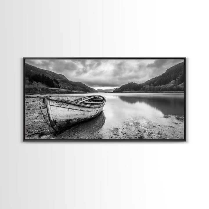 Abandoned Boat, Mountain Lake, Moody Shore, Nature Reflections, Framed Canvas Print, cabin wall art, explorer decor, grayscale nature