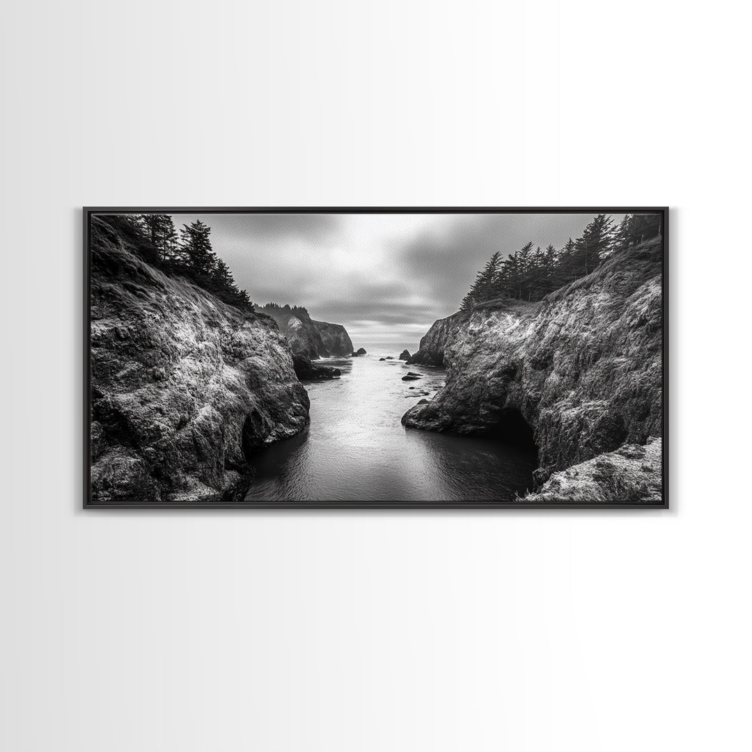 Ocean Passage, Cliff Channel, Rugged Coast, Forest Horizon, Canvas Print, dramatic nature art, large wall piece, hallway landscape art