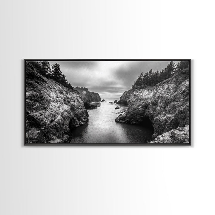 Ocean Passage, Cliff Channel, Rugged Coast, Forest Horizon, Canvas Print, dramatic nature art, large wall piece, hallway landscape art