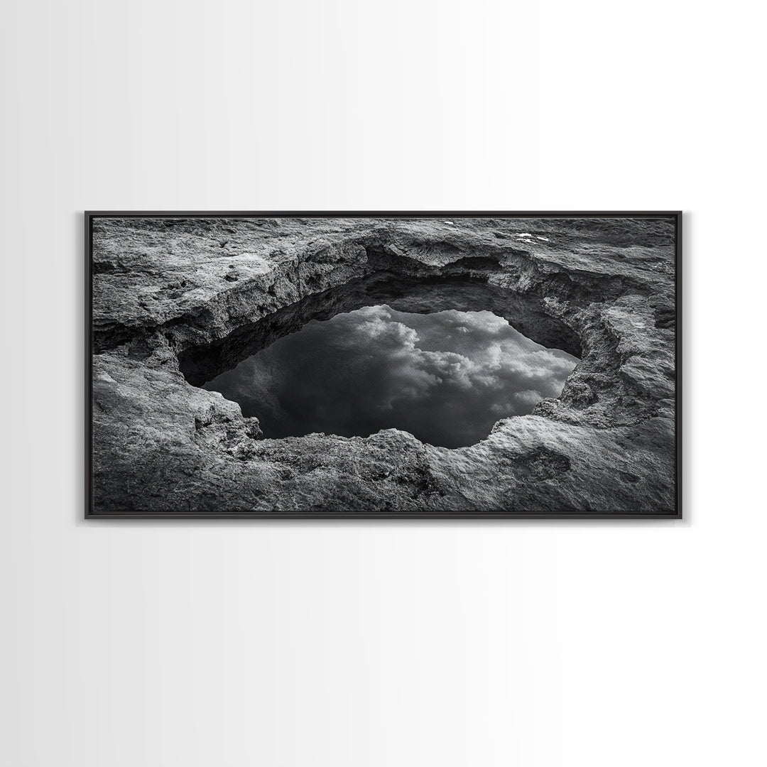Sky Reflection, Stone Pool, Abstract Nature, Moody Minimalist Art, Framed Canvas Print, Bedroom Wall Art, Contemporary Monochrome Decor
