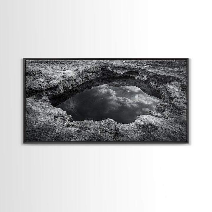 Sky Reflection, Stone Pool, Abstract Nature, Moody Minimalist Art, Framed Canvas Print, Bedroom Wall Art, Contemporary Monochrome Decor