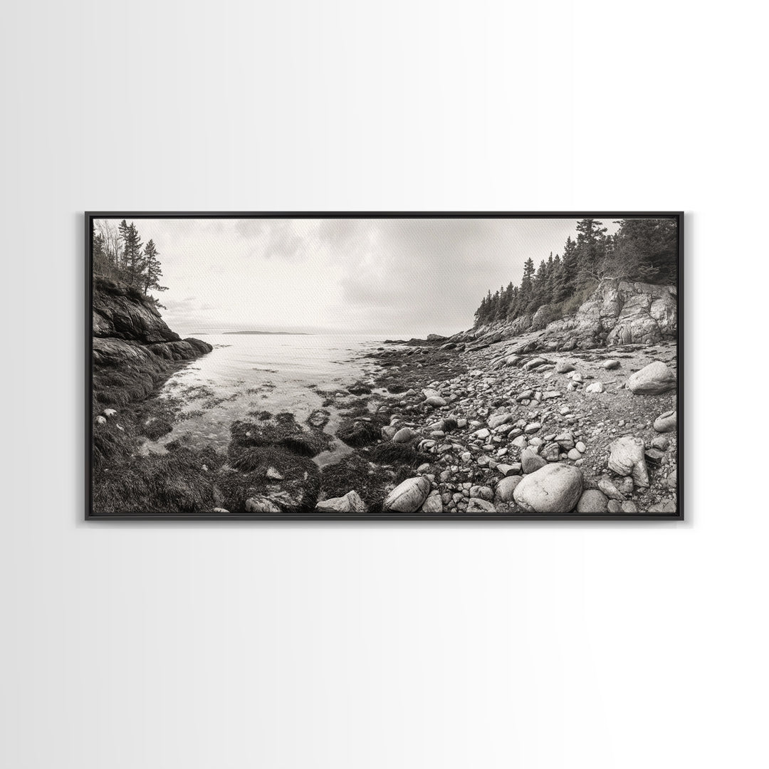 Rocky Coast, Forest Edge, Tranquil Shoreline, Earthy Landscape Scene, Canvas Print, Neutral Home Decor, Rustic Cabin Wall Art