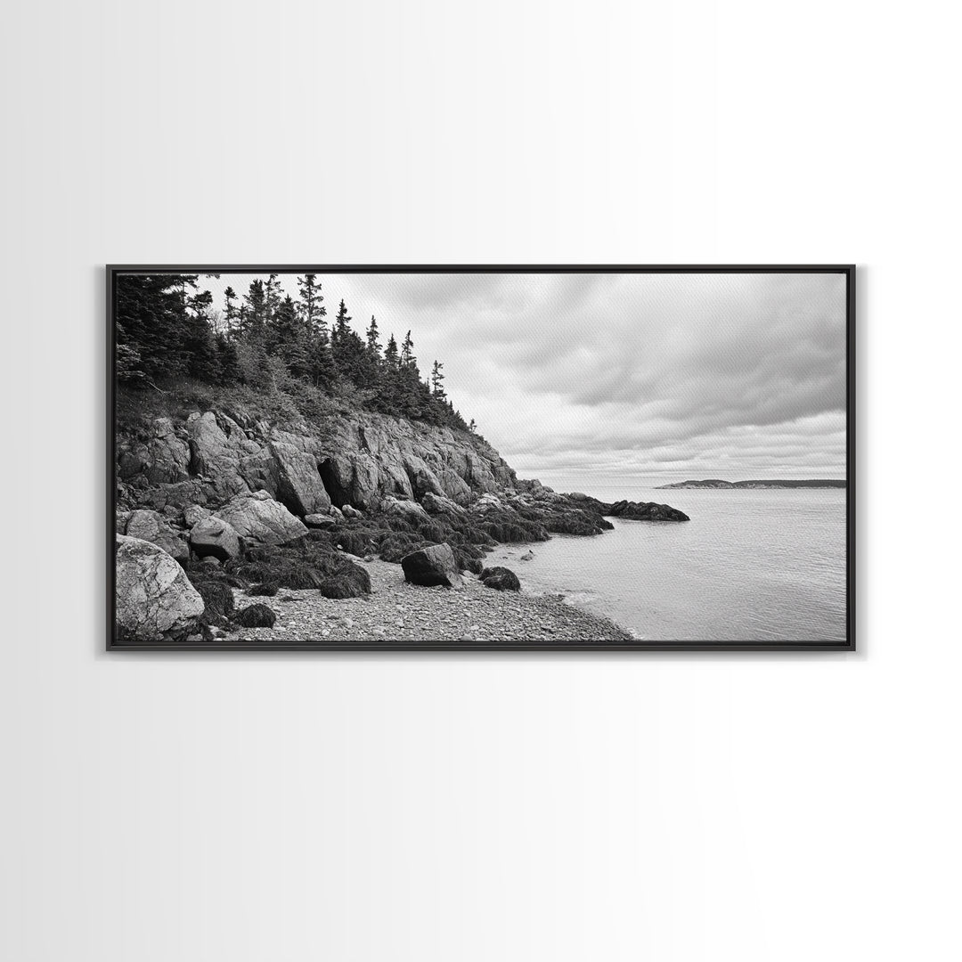 Rocky Shore, Coastal Forest, Black White Landscape, Nature Wall Decor, Framed Canvas Print, Cabin Living Room Art, Fall Inspired Scene