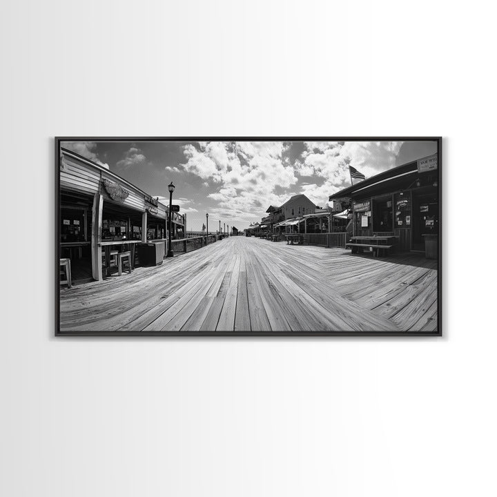 Boardwalk View, Beach Shops, Summer Scene, Coastal Town, Framed Canvas Print, Nautical Wall Art, Dining Room Coastal Decor