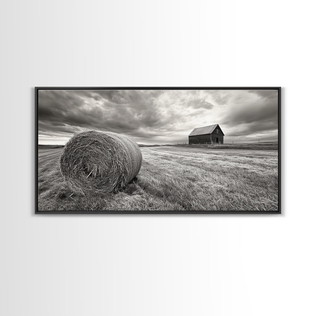 Barn Field, Hay Bale, Rural Farmland Scene, Autumn Countryside Art, Canvas Print, Farmhouse Wall Decor, Rustic Fall Living Room Art