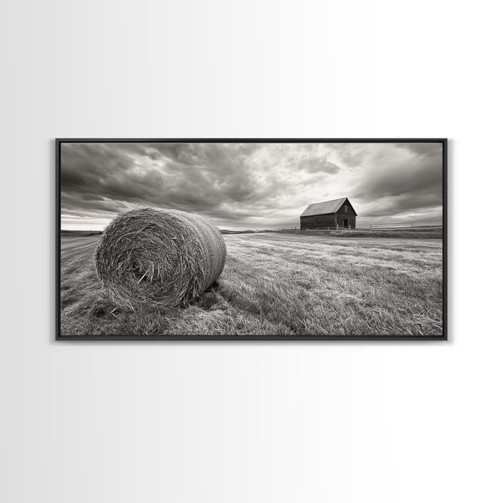 Barn Field, Hay Bale, Rural Farmland Scene, Autumn Countryside Art, Canvas Print, Farmhouse Wall Decor, Rustic Fall Living Room Art