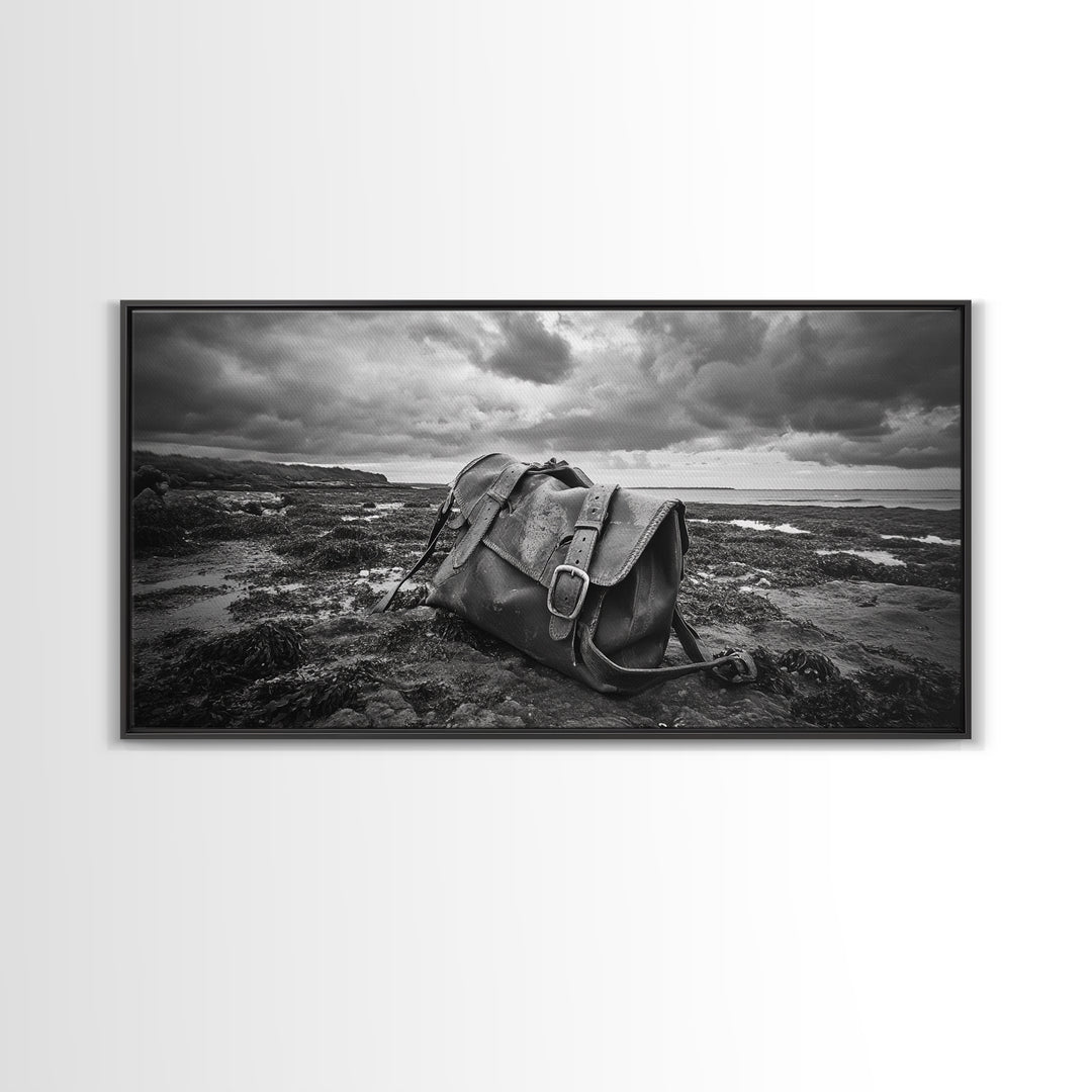 Abandoned Satchel, Coastal Mystery Art, Lost and Found Decor, Moody Beach Scene, Canvas Print, Study Wall Art, Nautical Rustic Aesthetic